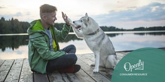 A man in a green jacket sits crosslegged on a pier next to a lake and high-fives a grey and white husky.