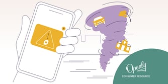 A cartoon hand holds a cell phone with a gold alert icon on the screen while a purple tornado spins in the background with a car and a home.