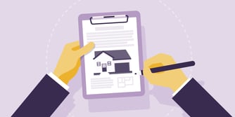 An illustrated hand signs a document with a house on it on a clipboard.
