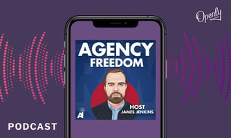 The Agency Freedom podcast logo appears on a mobile screen. 