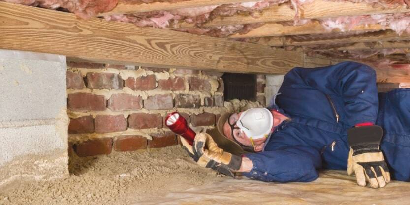 A man looks for termite damage under a house