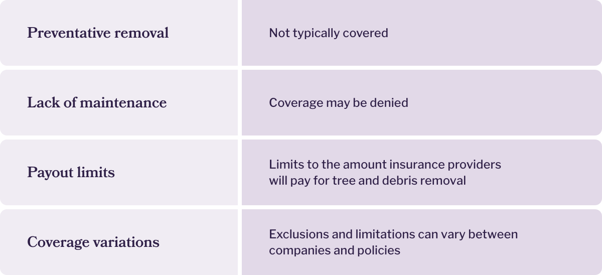 Table explaining what types of tree damage are covered by home insurance. 