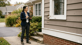 A claims adjuster evaluates the damaged siding of a house.