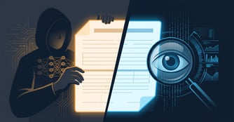 A split screen of a document, with one half showing a person hidden in shadows, and the other half showing an eye under a magnifying glass. 