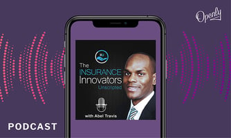 An image of the Insurance Innovators Unscripted Podcast logo and host appears on a mobile phone. 