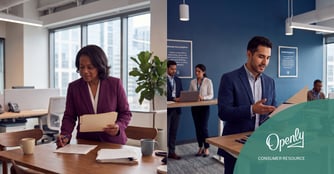 Split-screen image showing two insurance professionals in different office settings. On the left, a male agent in a navy suit stands at a desk reviewing documents in a corporate office with blue walls. On the right, a female agent in a plum blazer stands at a wooden desk writing on paperwork in a bright, sunlit office with floor-to-ceiling windows.