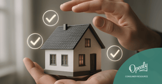 A toy house is held between two hands with three floating checkmarks surrounding it. 