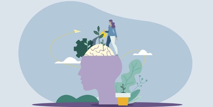 An illustration of a woman watering plants) on a human brain. 