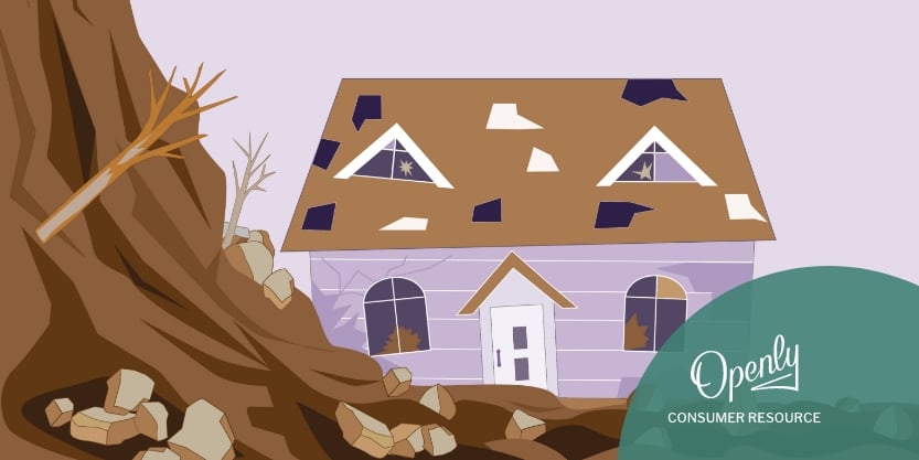 An illustration of a purple house impacted by a landslide.