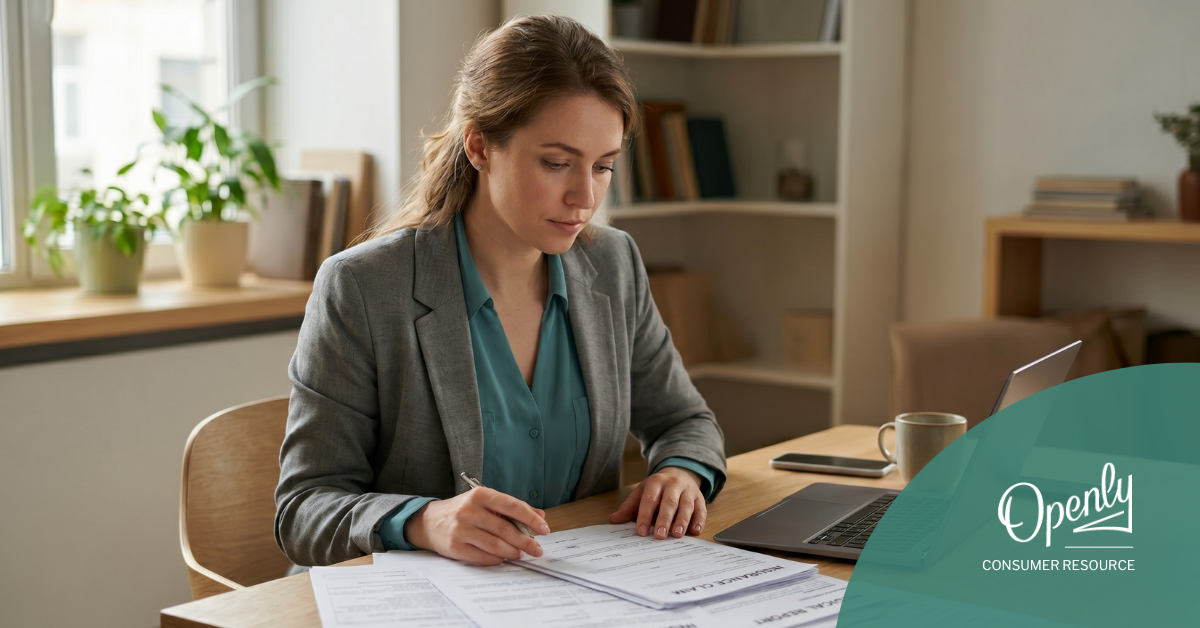 A woman sits at a desk in front of a laptop and examines a pile of insurance claims.