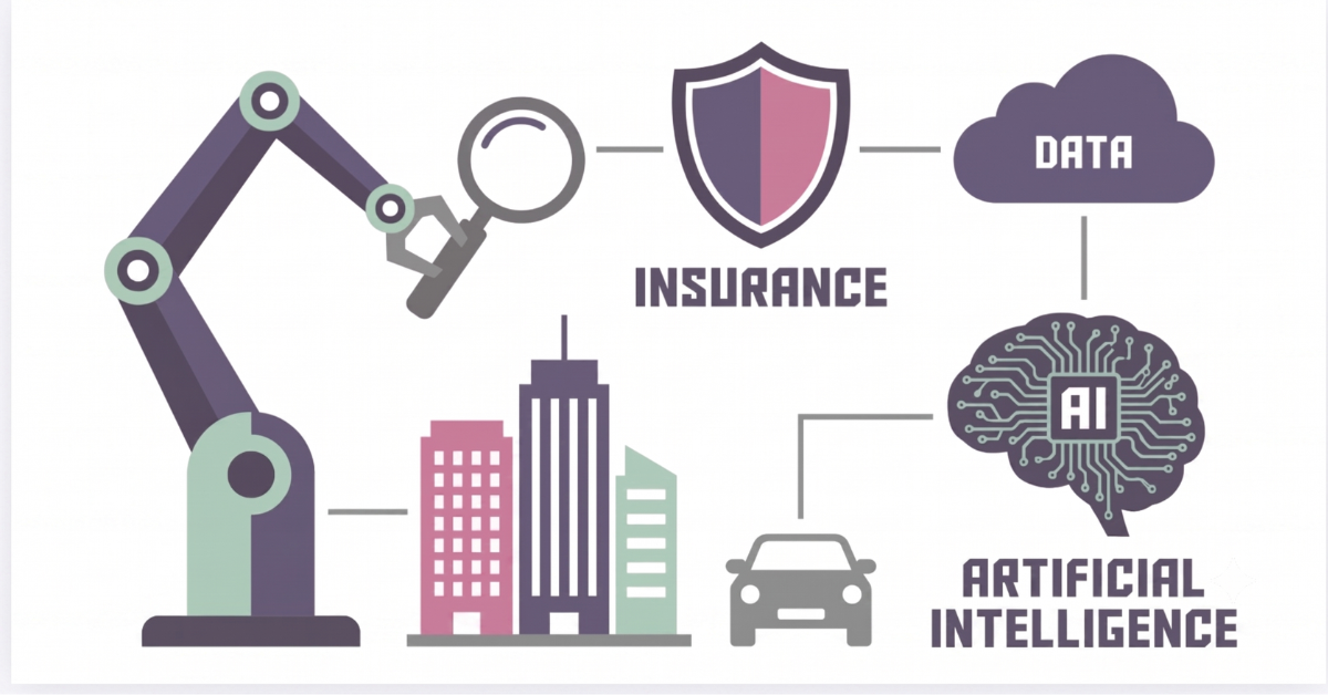 AI in insurance infographic: a data cloud and AI brain connected to an insurance shield, robotic arm, buildings, and a car representing automated underwriting.